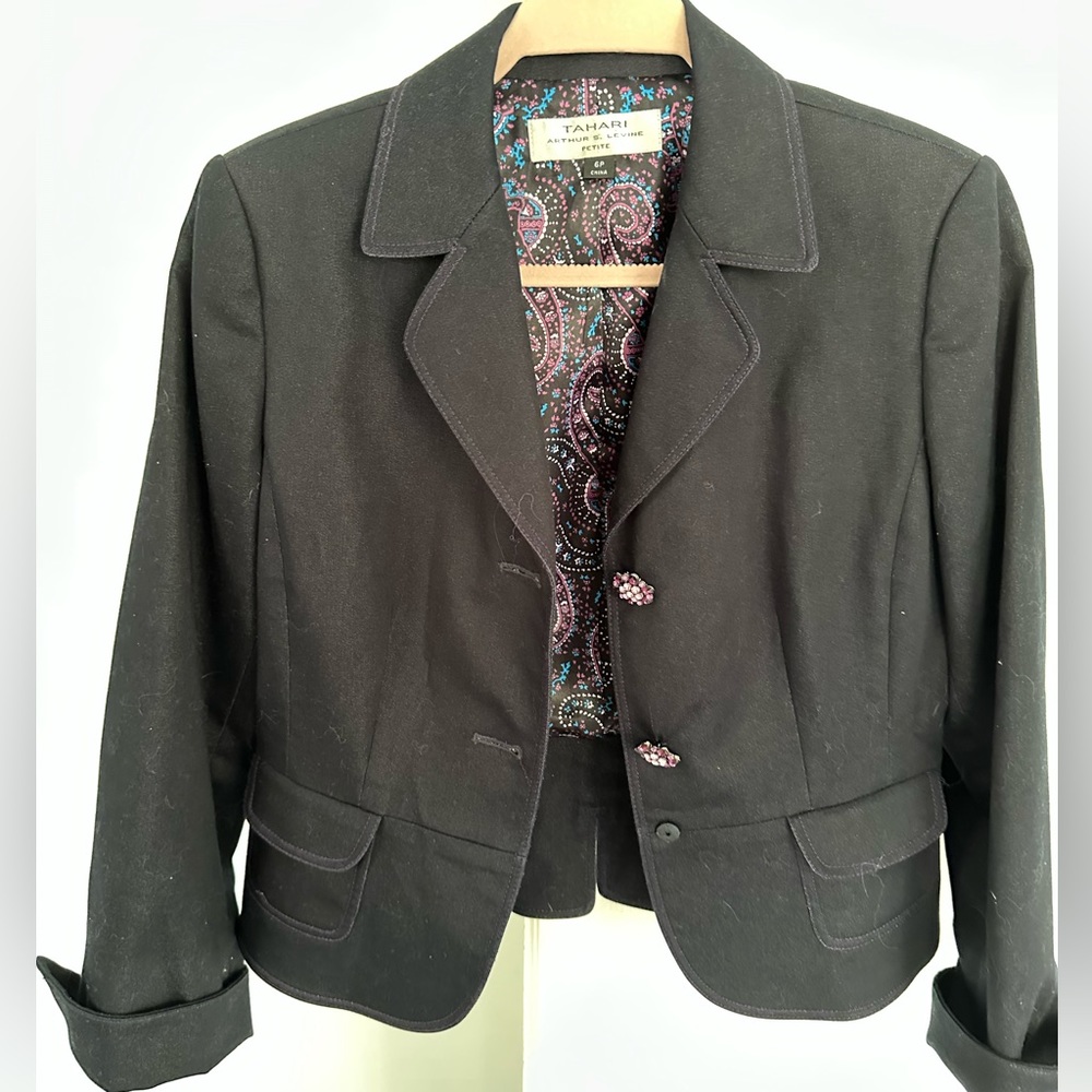 Tahari blazer navy with purple detail buttons